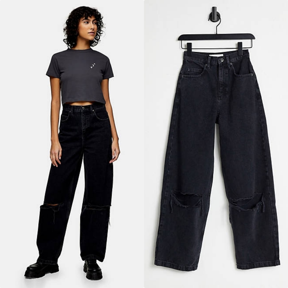 NEW Topshop Baggy Jeans with Knee Rips in Washed Black, Size 26"